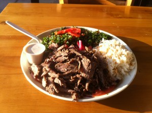 Beef Shawarma Platter with a double Tabouli and rice sides.