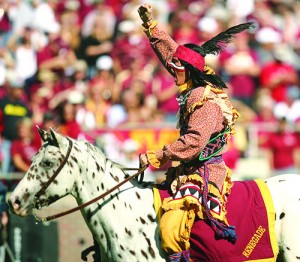 Florida State mascot Chief Osceola rides Renegade during the Maryland at Florida State University football game at Doak Campbell Stadium in Tallahassee, Florida, on Saturday, October 22, 2011. (Stephen M. Dowell/Orlando Sentinel/MCT) 
