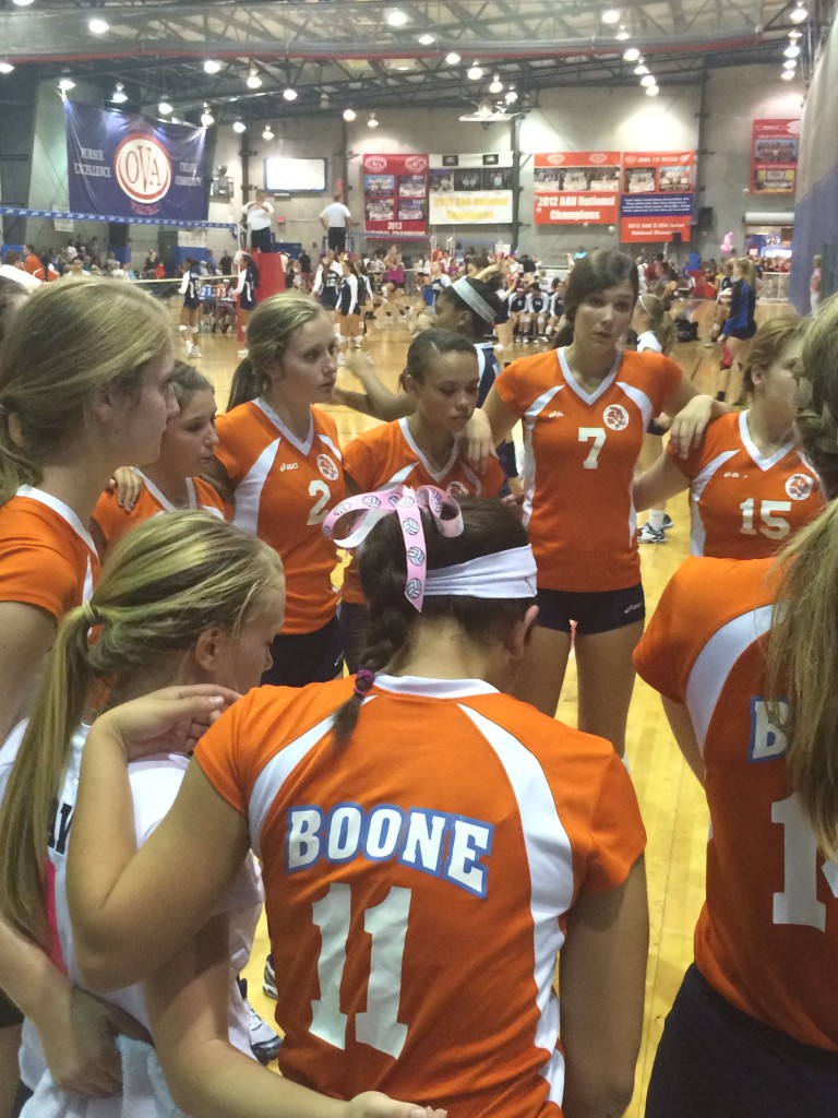 HUDDLE UP. On October 10, The Lady Braves talk after a loss to Bishop Moore.  photo/ Grace Asbury