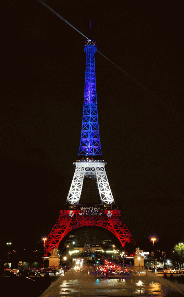 LIGHT EM' UP. On Nov. 16, The Eiffel Tower lit up in the french colors to honor the victims of the six attacks in Paris on Nov. 13. 