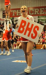 LET'S HEAR IT. Senior Jordan Long shouts the abbreviation of Boone High School to begin the cheer routine.
