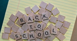 Back to school graphic through wooden chips