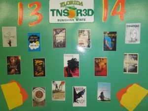 This poster in the media center advertises the books of the 2013-14 Florida Teens Read Contest.
