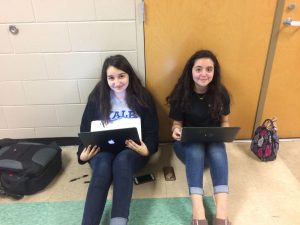 Junior Gabriella Estrada and senior Leyla Remh doing work on their laptops during the school day. The new laptops make it easier to work on groups projects!